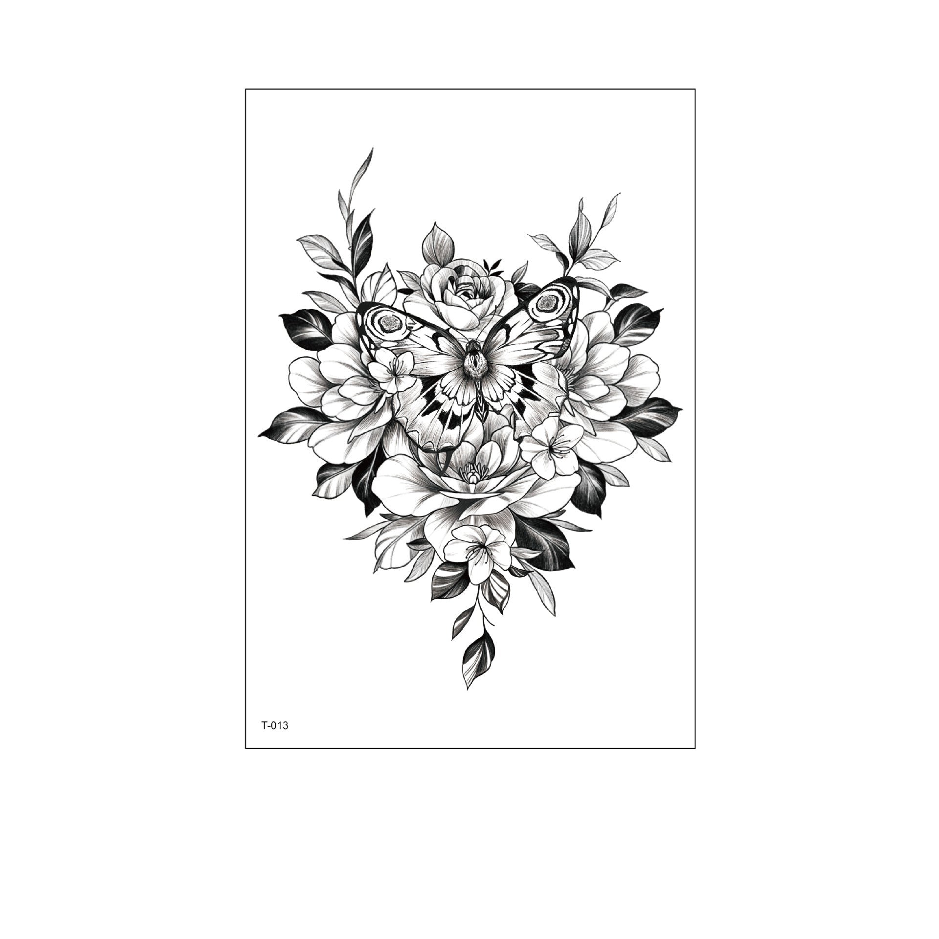 Black and white temporary tattoo of a butterfly surrounded by roses, peonies, and leaves (150×210mm) – detailed floral line art by TIDES