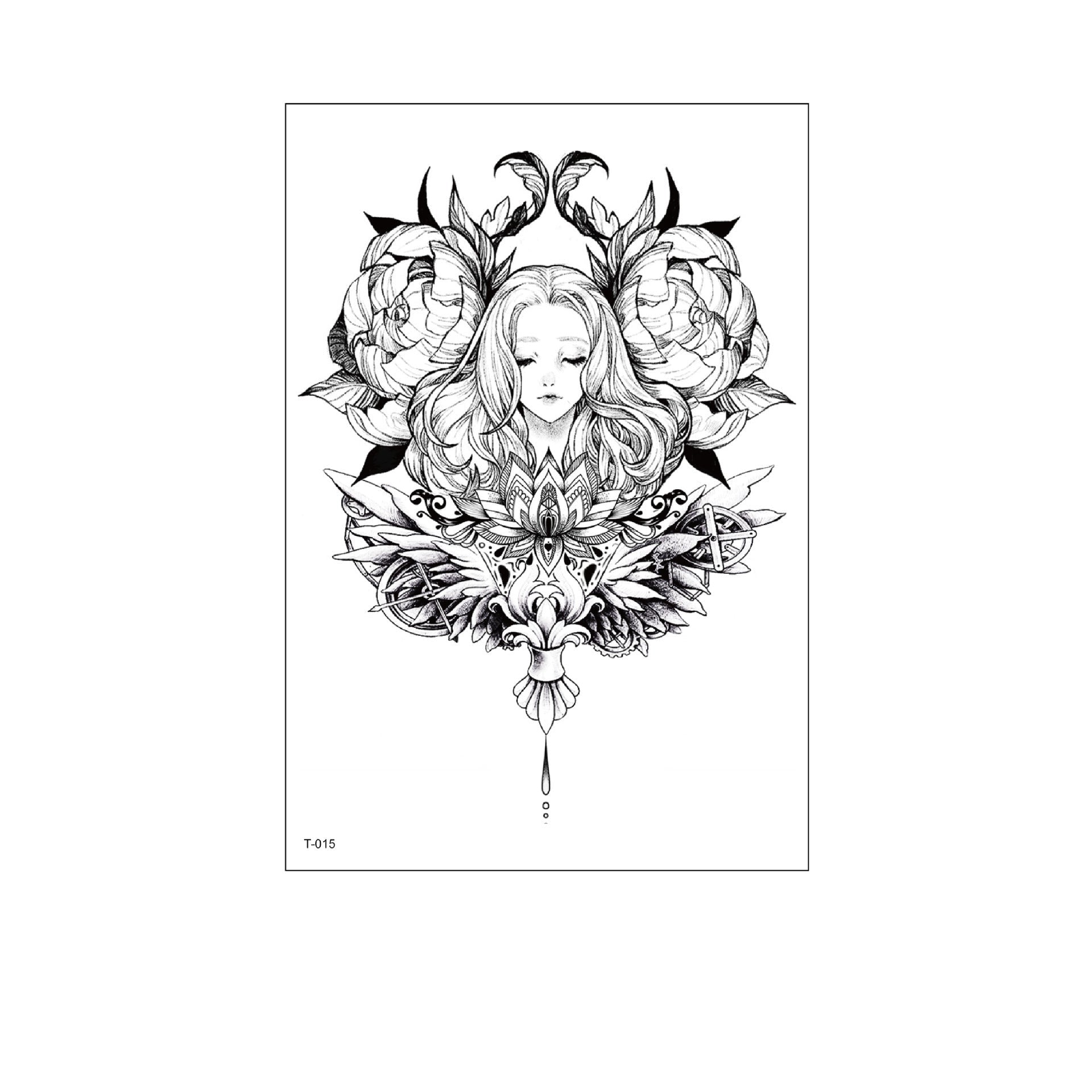 Black and white temporary tattoo of a woman’s face with flowing hair, peonies, lotus, and mandala-like floral designs (150×210mm) – elegant mystical artwork by TIDES