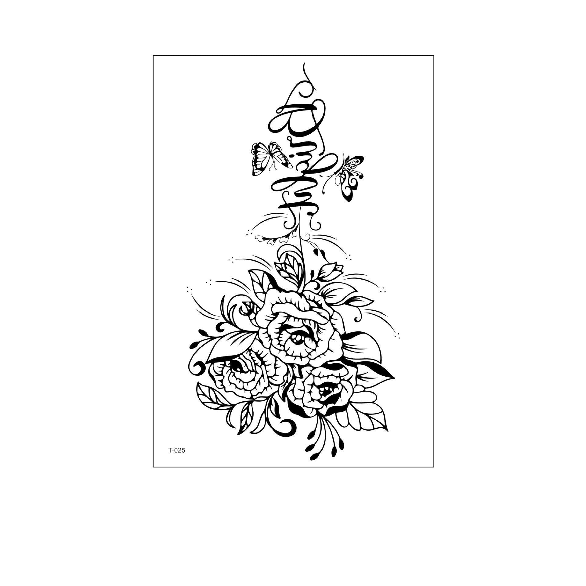 Black and white temporary tattoo of 3 roses with leaves and 2 butterflies (150×210mm) – floral outline design by TIDES