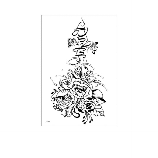 Black and white temporary tattoo of 3 roses with leaves and 2 butterflies (150×210mm) – floral outline design by TIDES