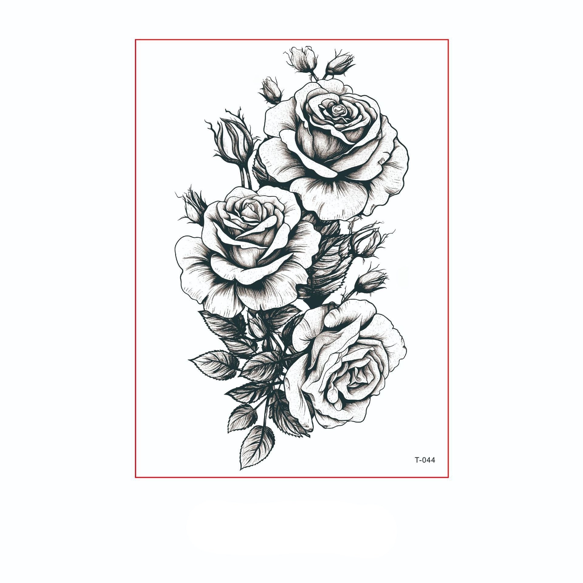 Black and white temporary tattoo of three roses with leaves and two butterflies (150×210mm) – floral outline design by TIDES