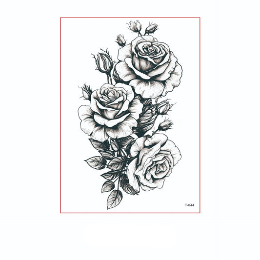 Black and white temporary tattoo of three roses with leaves and two butterflies (150×210mm) – floral outline design by TIDES
