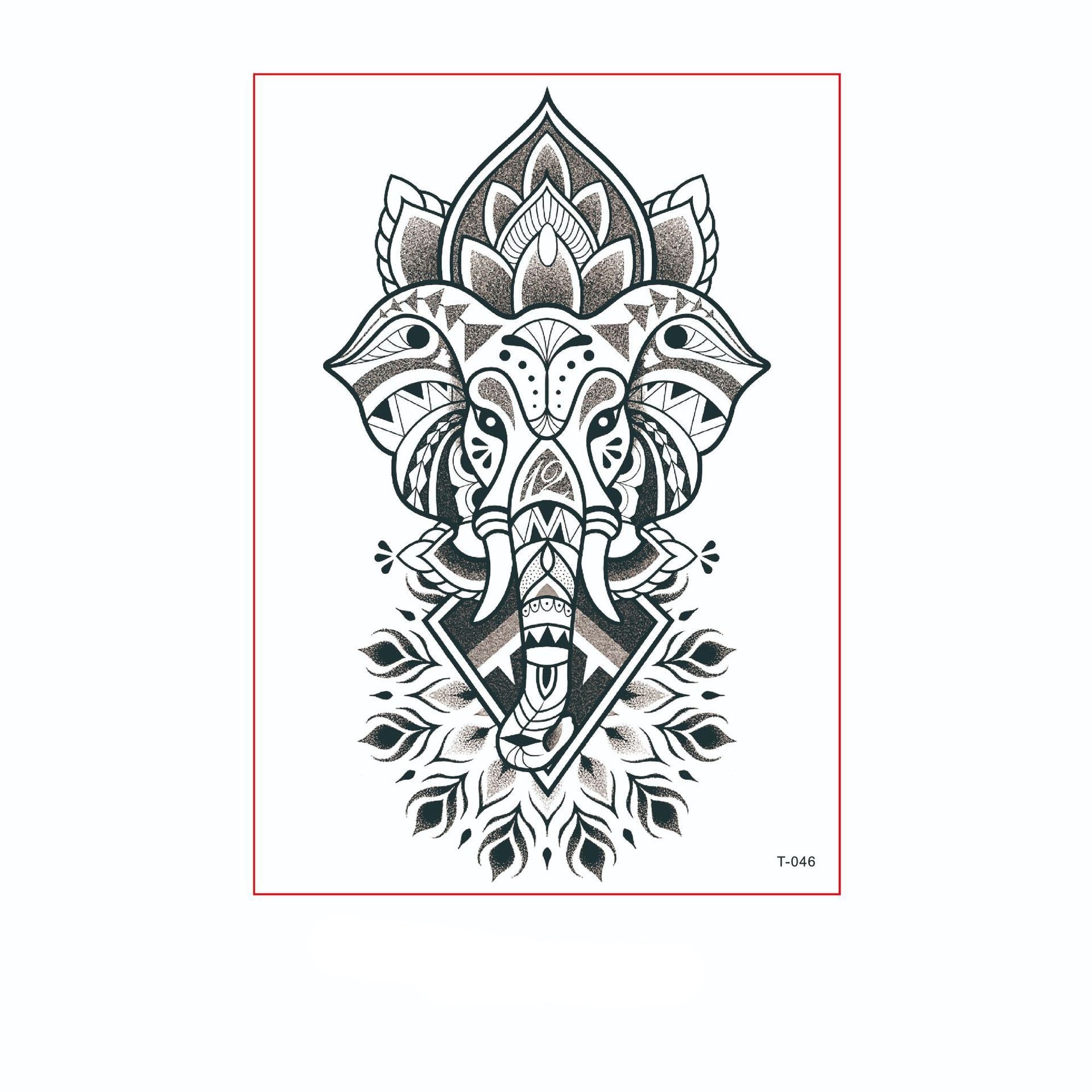 Black and white temporary tattoo of an elephant head with lotus flower and geometric tribal patterns (150×210mm) – symmetrical design by TIDES