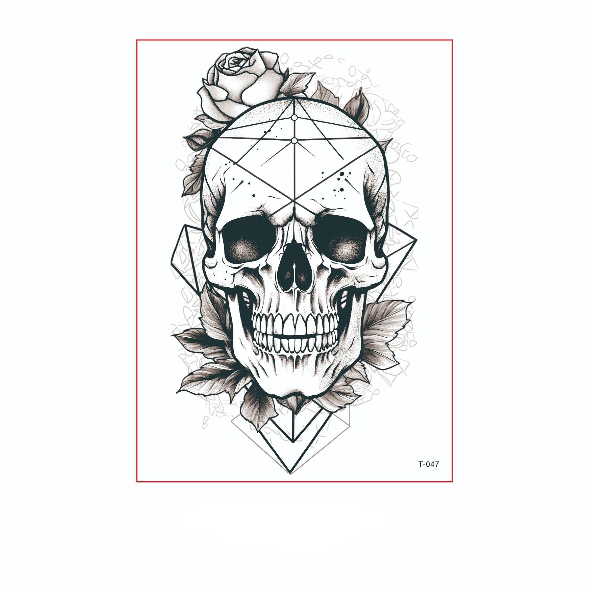 Black and white temporary tattoo of a realistic skull with rose and geometric lines (150×210mm) – gothic-modern design by TIDES