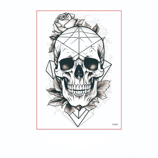 Black and white temporary tattoo of a realistic skull with rose and geometric lines (150×210mm) – gothic-modern design by TIDES