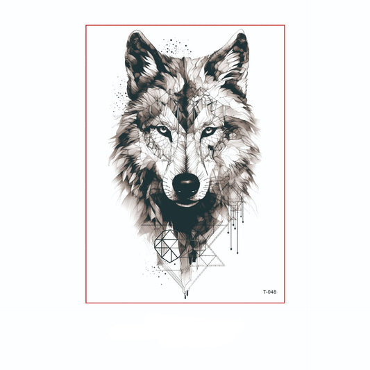Black and white geometric wolf temporary tattoo (150×210mm). Realistic and abstract design combined, waterproof, skin-safe, and long-lasting by TIDES.