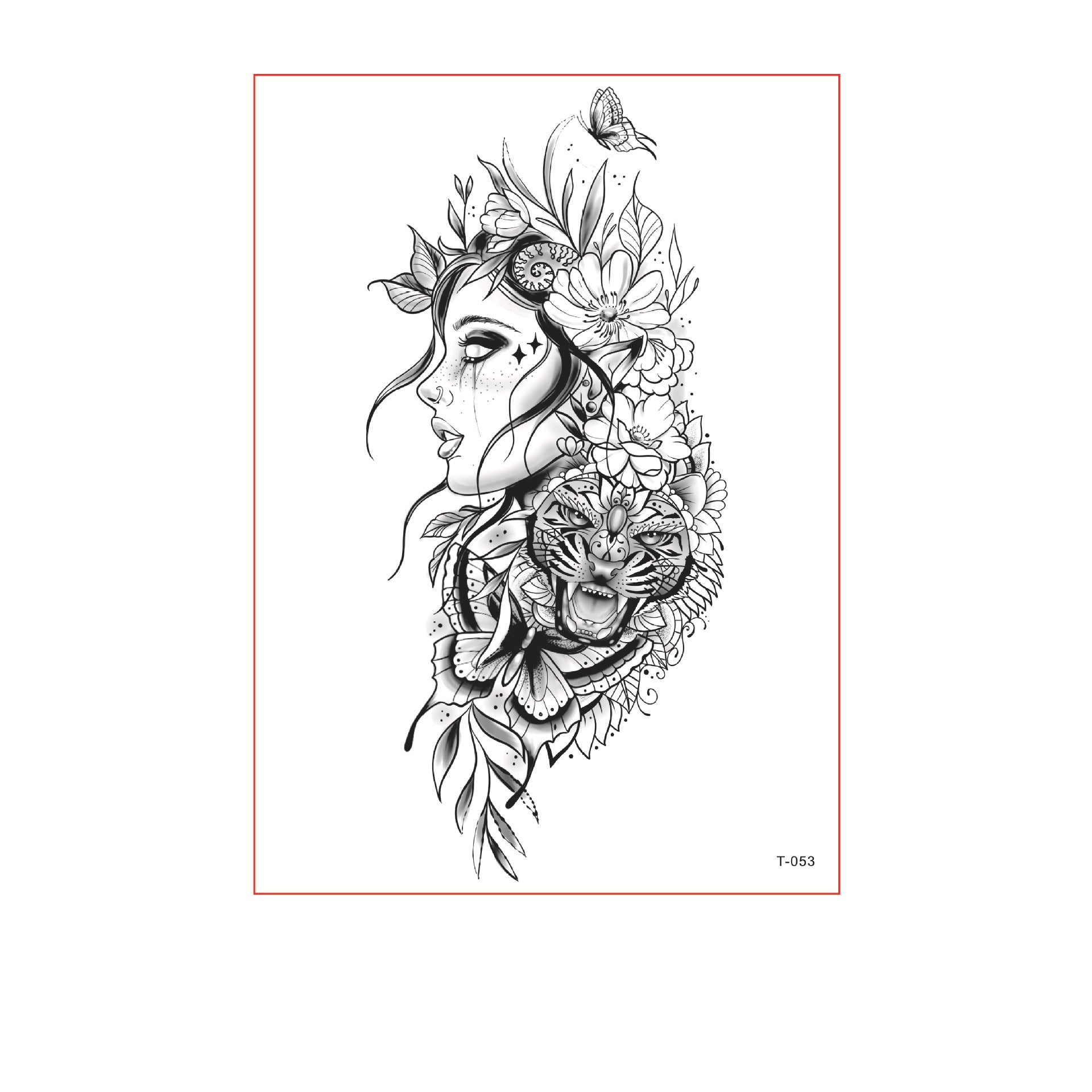 Black and white temporary tattoo of a woman’s profile with a tiger, butterfly, and floral details (150×210mm) – surreal line art by TIDES