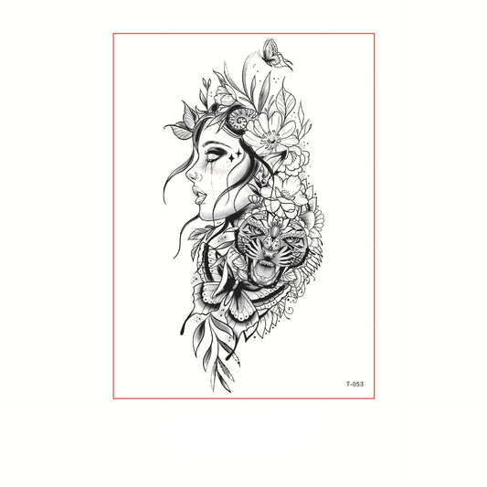 Black and white temporary tattoo of a woman’s profile with a tiger, butterfly, and floral details (150×210mm) – surreal line art by TIDES