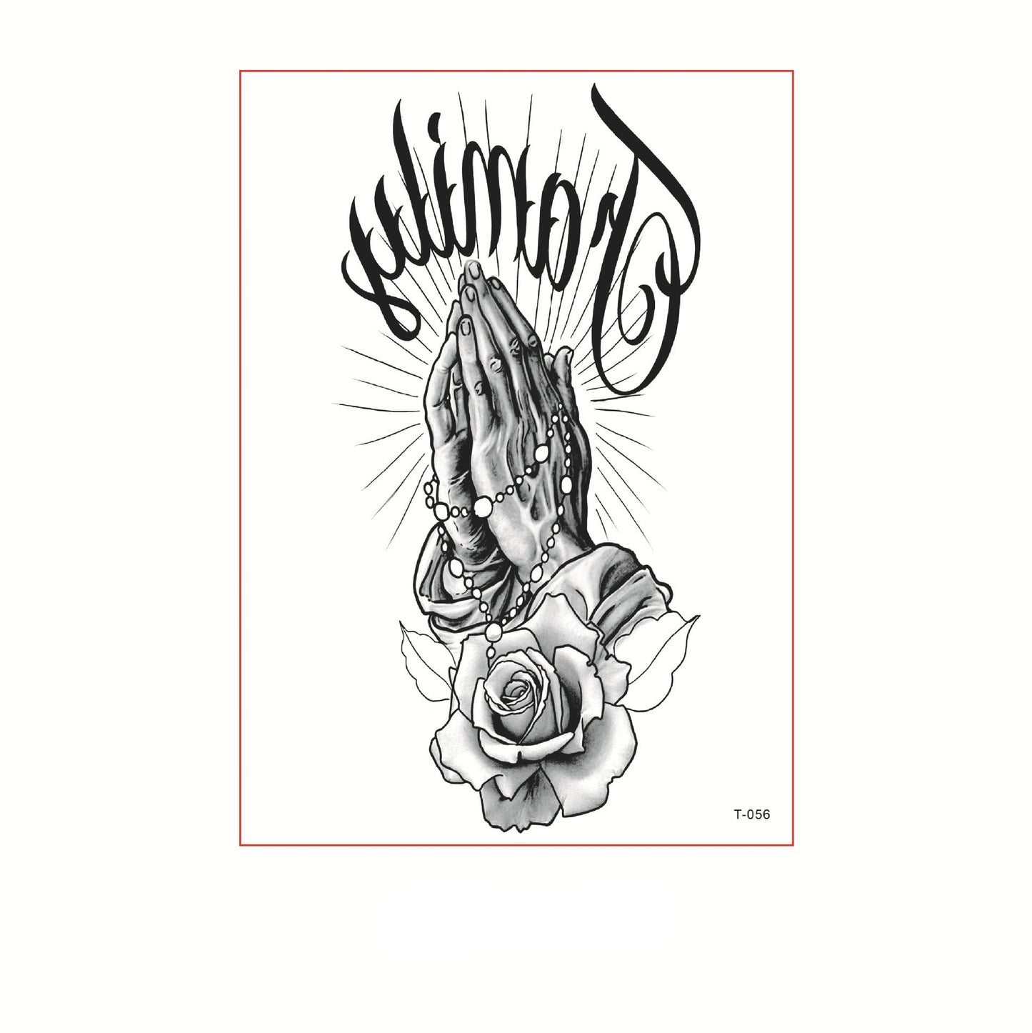 Black and white temporary tattoo of praying hands holding a rosary above a rose (150×210mm) – spiritual line art by TIDES
