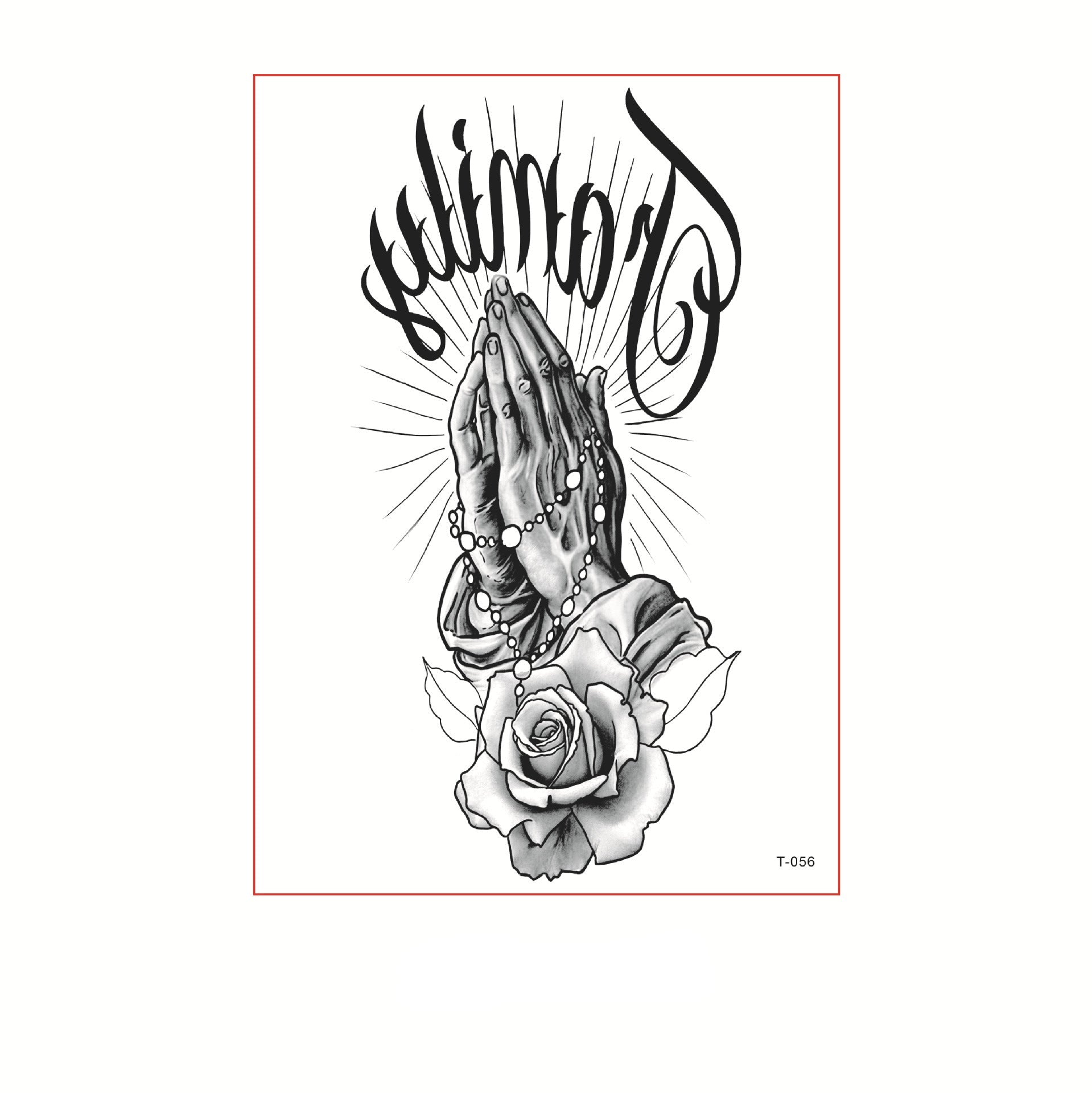 Black and white temporary tattoo of praying hands holding a rosary above a rose (150×210mm) – spiritual line art by TIDES