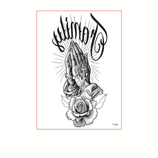 Black and white temporary tattoo of praying hands holding a rosary above a rose (150×210mm) – spiritual line art by TIDES