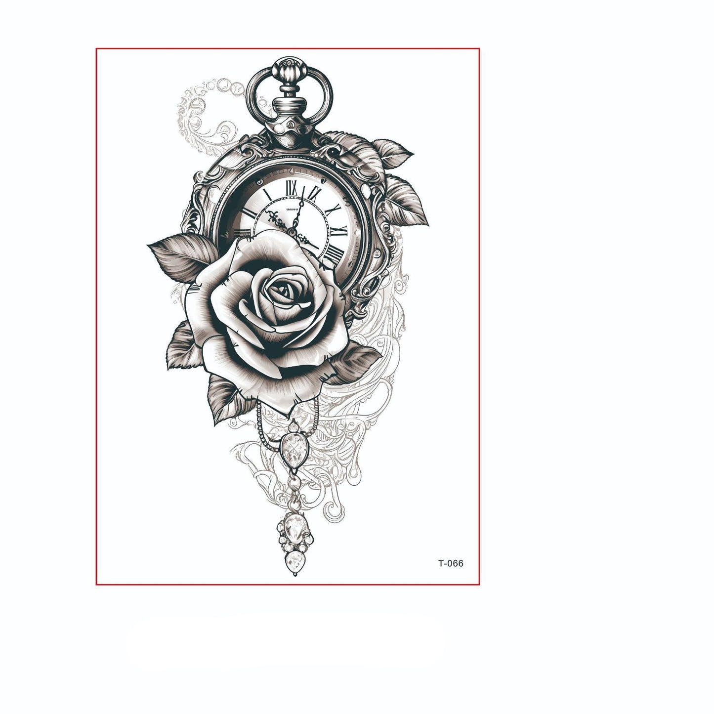 Black and white temporary tattoo of a vintage pocket watch with Roman numerals, rose, and chain pendant (150×210mm) – detailed floral timepiece by TIDES