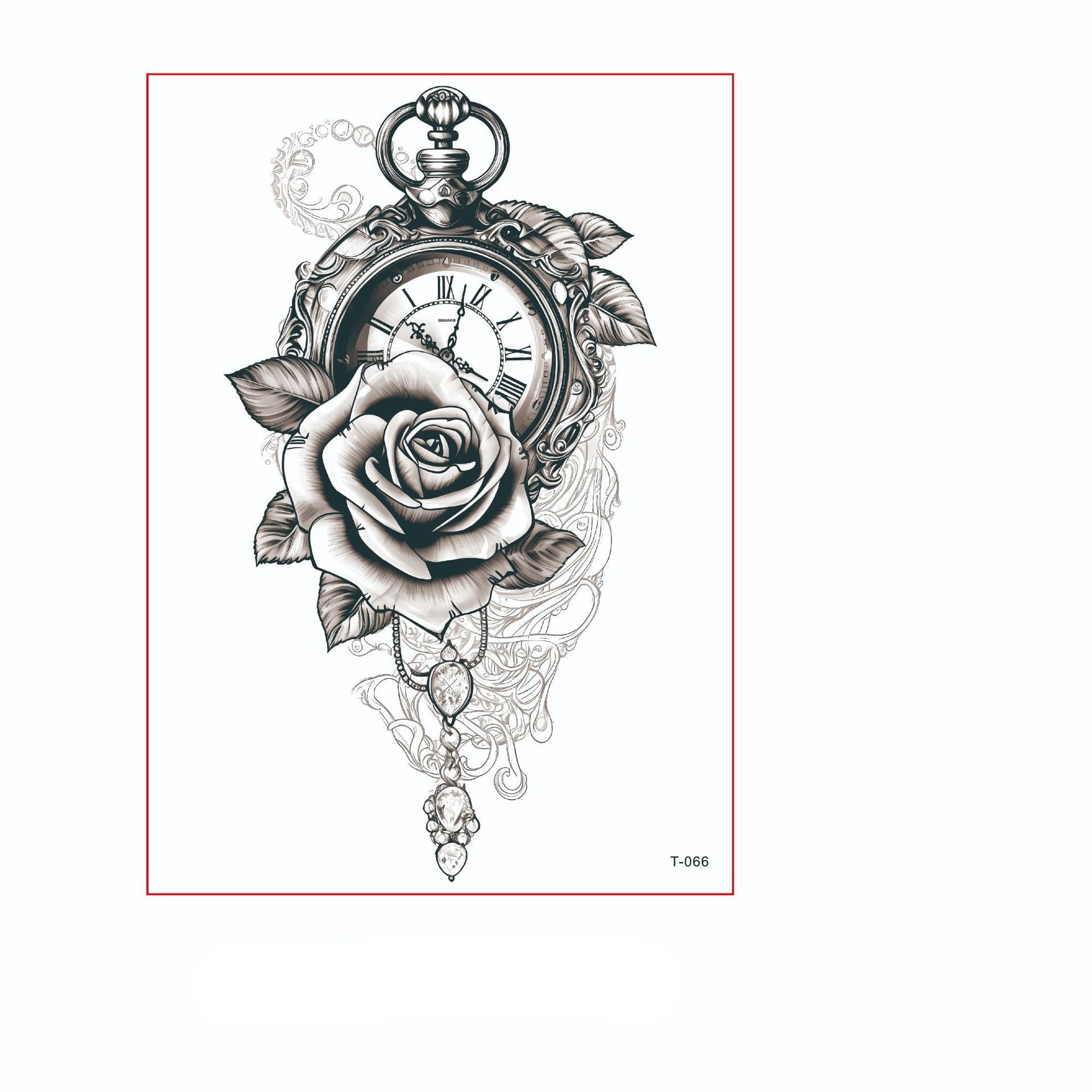 Black and white temporary tattoo of a vintage pocket watch with Roman numerals, rose, and chain pendant (150×210mm) – detailed floral timepiece by TIDES