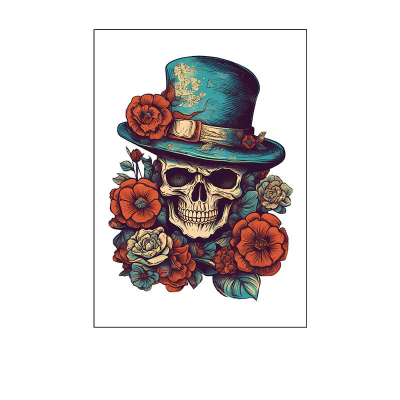 Temporary tattoo of a skull with red roses in gothic artistic style, 150×210mm.