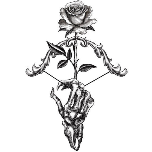 Black and white temporary tattoo of a skeleton hand holding a rose pierced by an arrow from a bow (150×210mm) – gothic design by TIDES