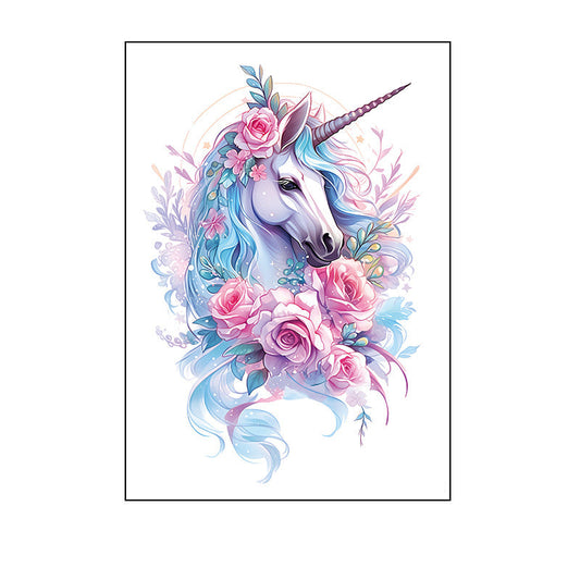 Temporary tattoo of a unicorn with a blue and purple mane, pink flowers, and star accents in a pastel fairytale style, 150×210mm.