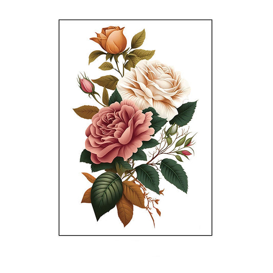 Temporary tattoo of cream, dusty pink, and orange roses with green and brown leaves in a vintage botanical style, 150×210mm.