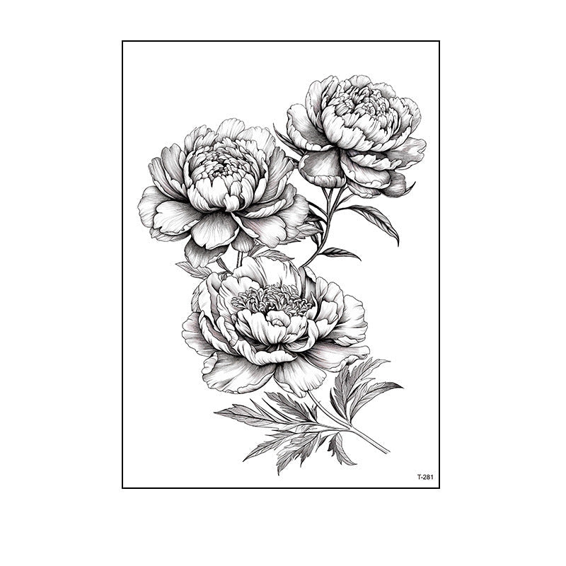 Black and white temporary tattoo of three blooming peonies with leaves and stems (150×210mm) – detailed botanical floral design by TIDES
