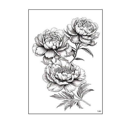 Black and white temporary tattoo of three blooming peonies with leaves and stems (150×210mm) – detailed botanical floral design by TIDES