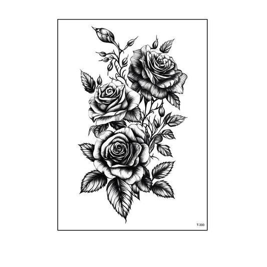 Black and white temporary tattoo of three shaded roses with leaves and stems (150×210mm) – detailed floral design by TIDES