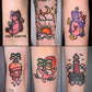 Pop Flash Collection – 48 coloured temporary tattoo stickers (80×60mm each) with graffiti-inspired designs, including flowers, flames, unicorns, and retro icons by TIDES.