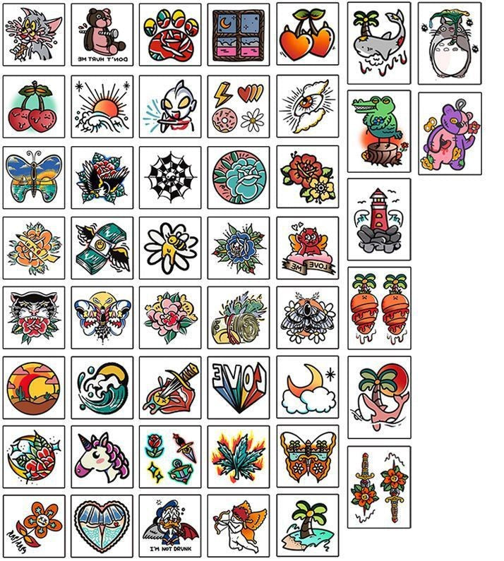 Pop Flash Collection – 48 coloured temporary tattoo stickers (80×60mm each) with graffiti-inspired designs, including flowers, flames, unicorns, and retro icons by TIDES.
