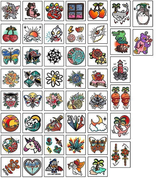 Pop Flash Collection – 48 coloured temporary tattoo stickers (80×60mm each) with graffiti-inspired designs, including flowers, flames, unicorns, and retro icons by TIDES.