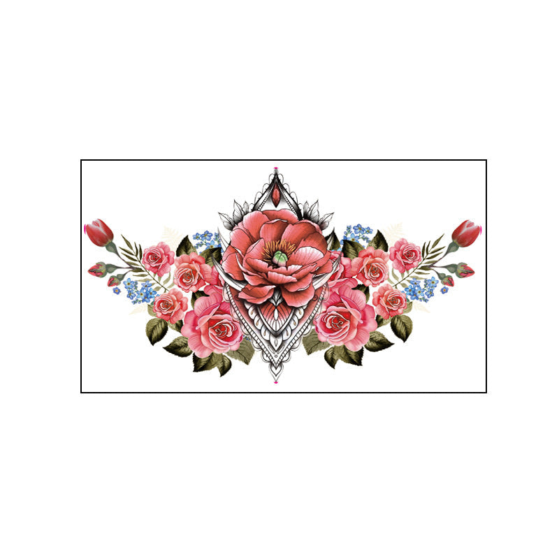 Horizontal temporary tattoo of pink roses with rosebuds and foliage in a realistic botanical style, 240×138mm.