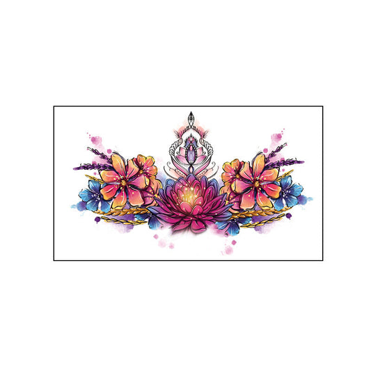 Horizontal temporary tattoo of an abstract floral cluster in purple, pink, blue, and gold watercolor style, 240×138mm.