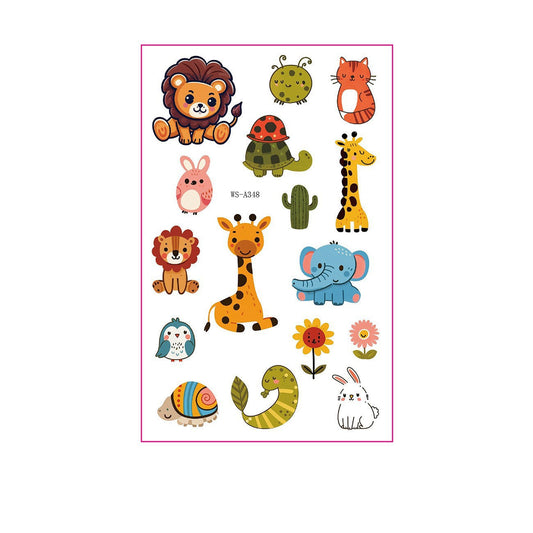 Cartoon animal tattoo stickers – 120×76mm sheet with lions, cat, bunny, turtle, giraffe, elephant, penguin, snake, and flower designs by TIDES.