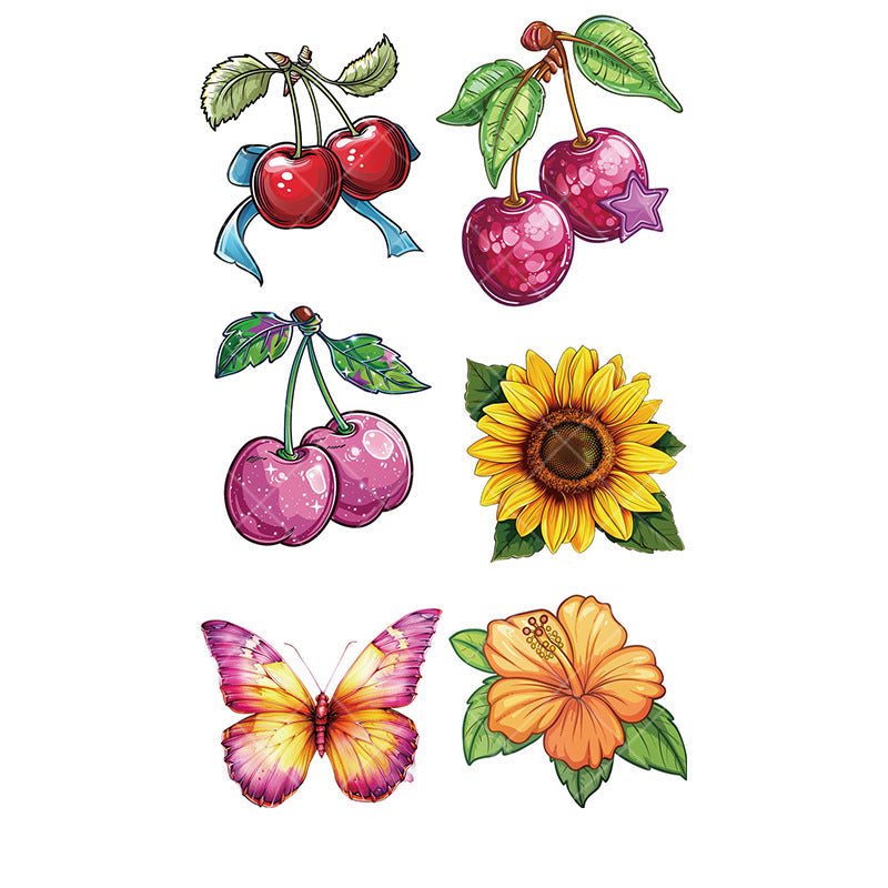 Colorful cartoon cherry and floral tattoo stickers – 120×76mm sheet with cherries, sunflower, butterfly, and hibiscus by TIDES.