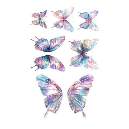 Delicate watercolor butterfly tattoo stickers – 120×76mm sheet with iridescent pastel butterflies and translucent wings by TIDES.