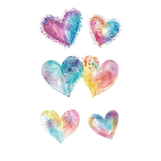 Watercolor heart tattoo stickers – 120×76mm sheet with colorful glitter hearts in soft romantic shades by TIDES.
