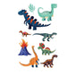 Cartoon dinosaur temporary tattoos for kids – 120×76mm sheet with T-Rex, triceratops, brontosaurus, raptor, and volcano designs by TIDES.