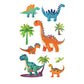 Cartoon dinosaur temporary tattoos for kids – 120×76mm sheet with T-Rex, triceratops, brontosaurus, raptor, and volcano designs by TIDES.