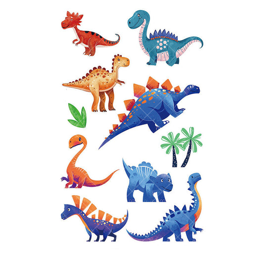 Cartoon dinosaur temporary tattoos for kids – 120×76mm sheet with T-Rex, triceratops, brontosaurus, raptor, designs by TIDES.