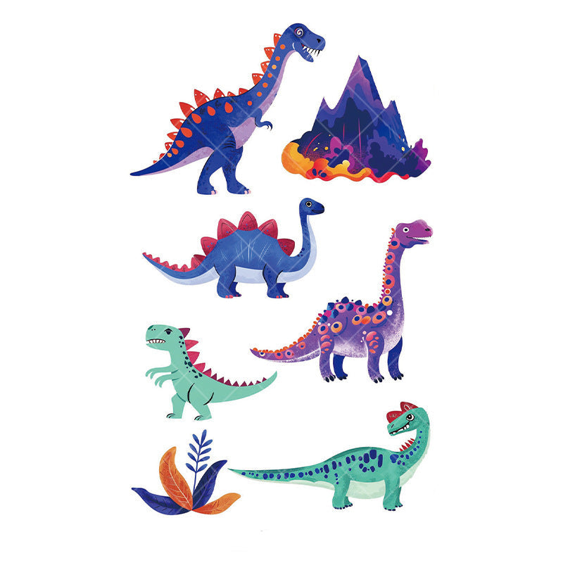 Cartoon dinosaur temporary tattoos for kids – 120×76mm sheet with T-Rex, triceratops, brontosaurus, raptor, and volcano designs by TIDES.