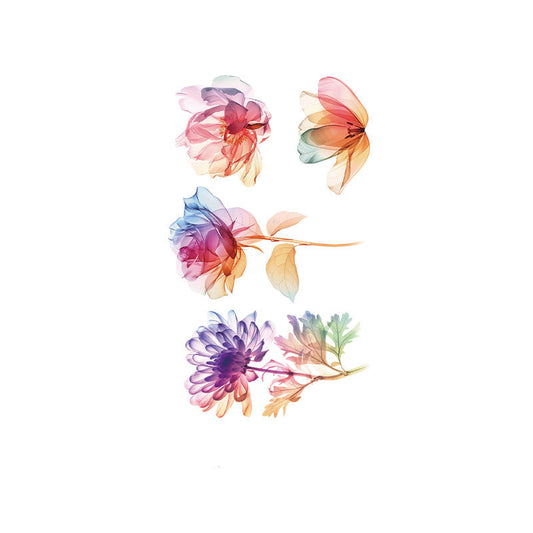 Transparent watercolor floral tattoo stickers – 120×76mm sheet featuring delicate rose and botanical designs in soft pastel tones by TIDES.