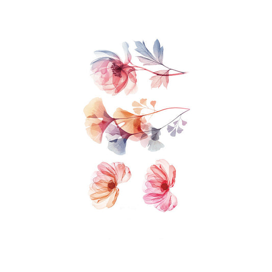 Transparent watercolor floral temporary tattoos – 120×76mm sheet with layered pink, orange, and blue flowers by TIDES.