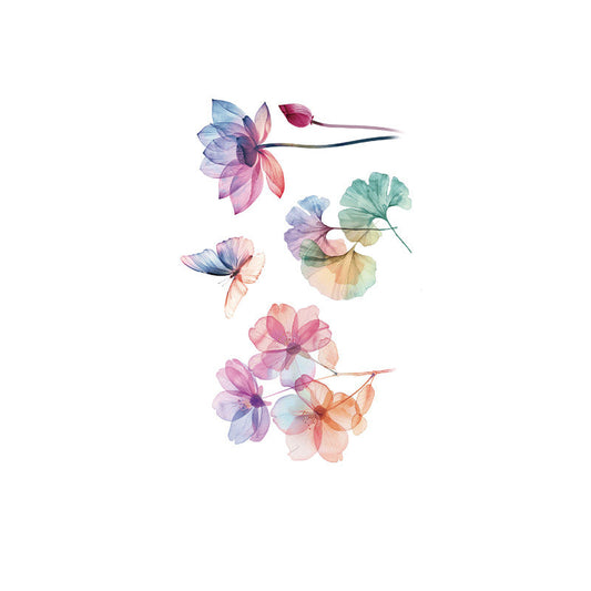 Transparent watercolor floral tattoo stickers – 120×76mm sheet featuring delicate rose and botanical designs in soft pastel tones by TIDES.