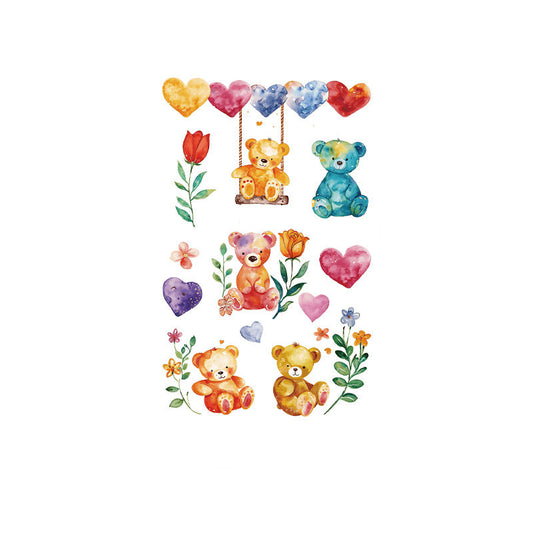 Watercolor teddy bear tattoo stickers – 120×76mm sheet with cute bears, flowers, and hearts by TIDES.