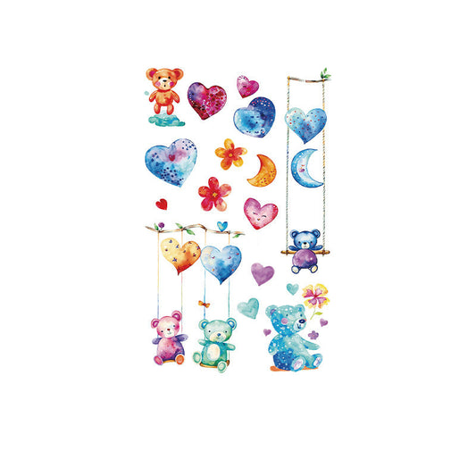 Teddy bear and heart temporary tattoos – watercolor-style 120×76mm sheet with moon, flower, and cute cartoon bear designs by TIDES.