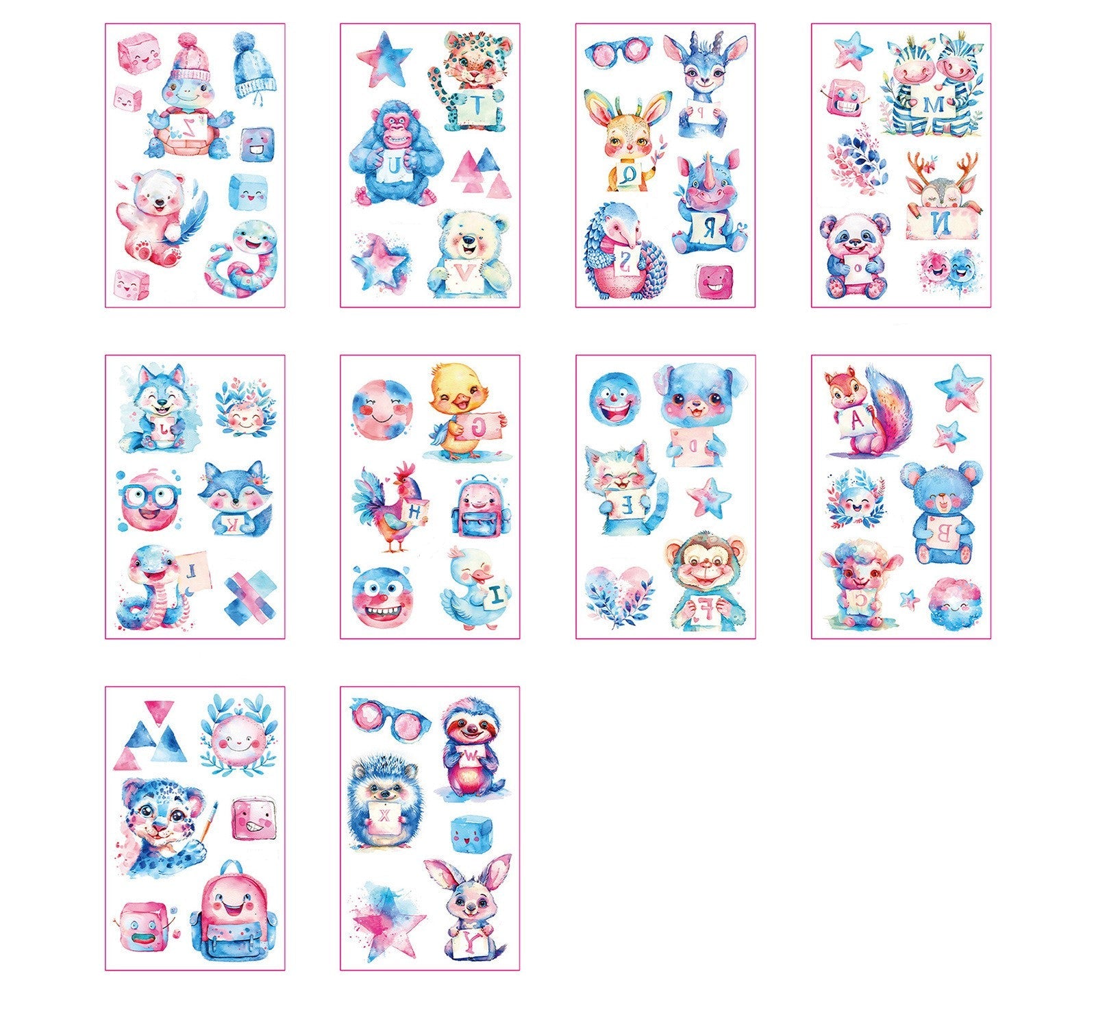 Set of 10 waterproof temporary tattoo sheets with watercolor-style animals and alphabet letters for kids – 120×76mm each, by TIDES.