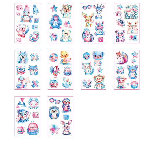 Set of 10 waterproof temporary tattoo sheets with watercolor-style animals and alphabet letters for kids – 120×76mm each, by TIDES.
