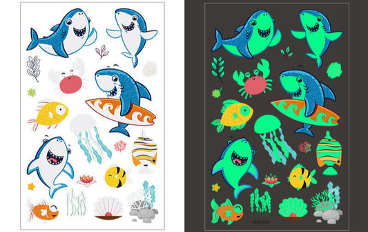 Cartoon sea creature glow-in-the-dark temporary tattoo sheet for kids, 120×76mm.