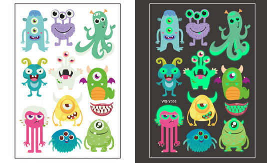Temporary tattoo sheet with colorful cartoon monsters inspired by Monsters University, glow-in-the-dark, 110×75mm.